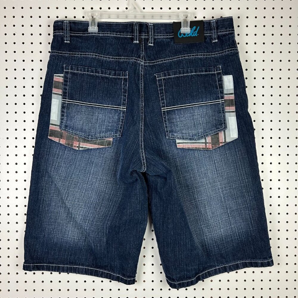 Wckd y2K Baggy Jean Shorts Size 42 Wide Leg Embroidered‎ Blue Jorts 16" Inseam
